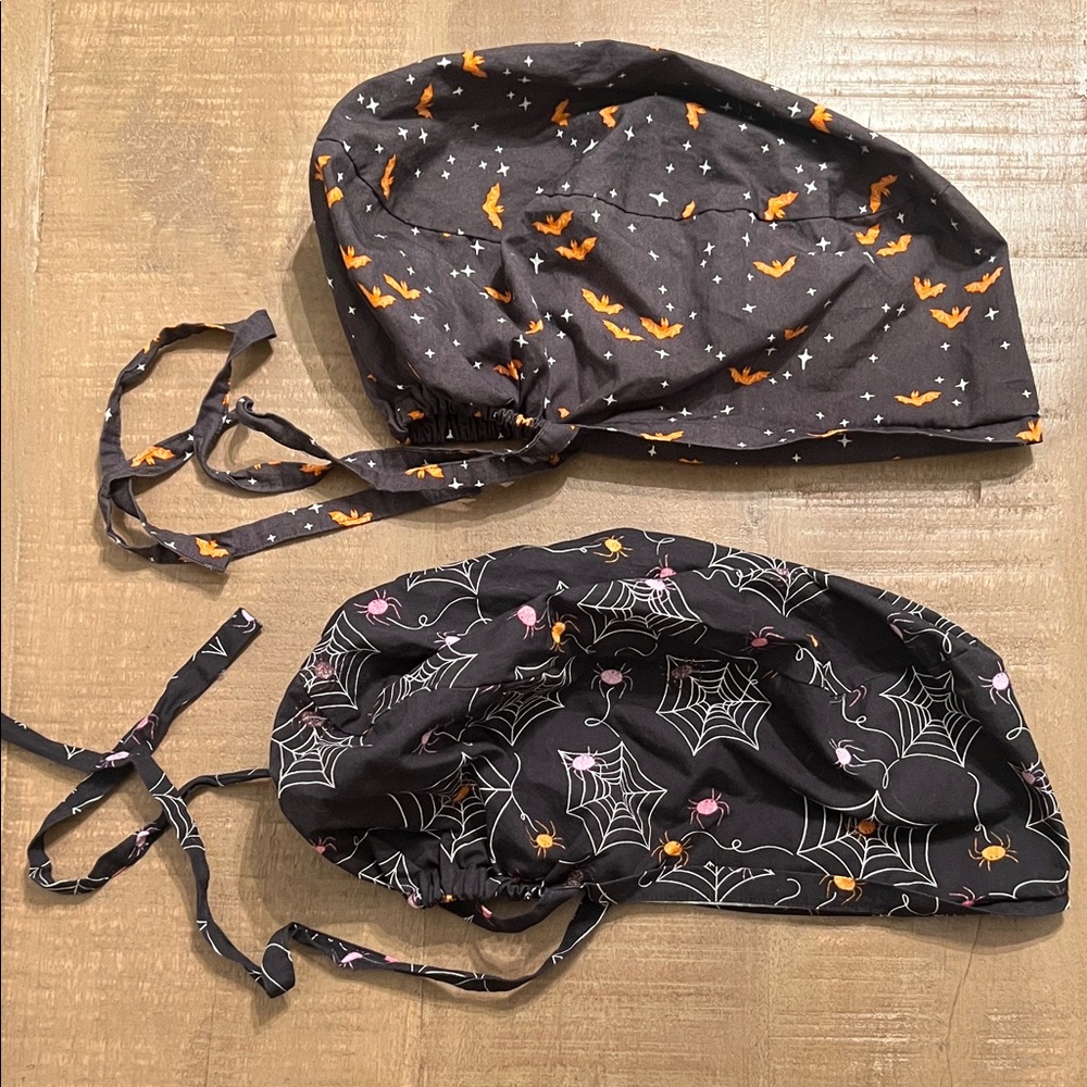 Set of Two Ponytail Halloween Scrub Caps with Bats and Spiders
